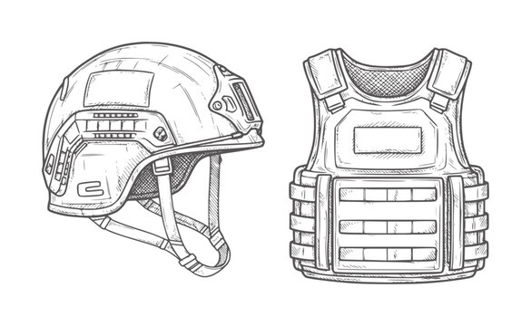 Hand drawn tactical helmet and bulletproof vest protection