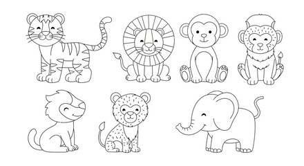 Fototapeta premium Colorful safari animal illustrations cartoon tiger lion monkey elephant and cubs line art style white background