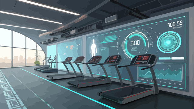 Futuristic gym interior with row of treadmills and holographic displays on wall screens