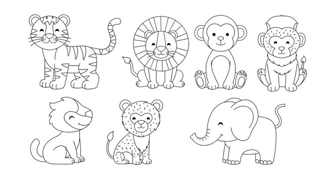 Colorful safari animal illustrations cartoon tiger lion monkey elephant and cubs line art style white background