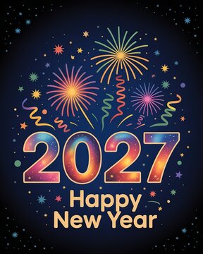 Vibrant 2027 new year celebration design with cosmic gradient numerals colorful fireworks star confetti on dark night background for greeting cards party invites and festive digital displays
