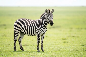 Obraz premium Adult zebra standing calmly on a vibrant green grassy plain