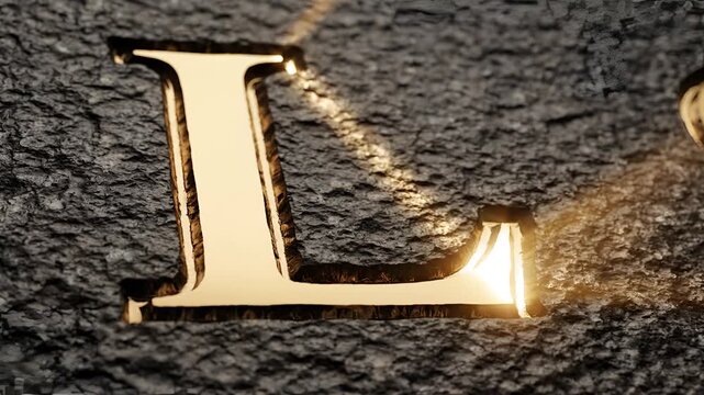 Golden Letter L Embossed on Textured Stone Surface with Light Reflections.