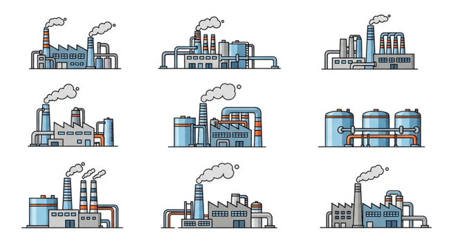 Collection of Industrial Factory Buildings with Smoke Stacks.