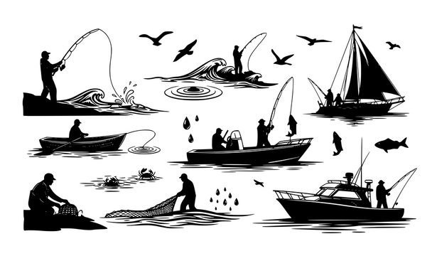 Fishing Man Silhouette Collection Boat Waves Vector