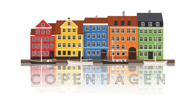 Colorful Buildings Reflected in Water with Copenhagen Text