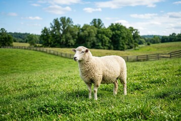 Fototapeta premium White sheep standing in a vibrant green grassy pasture