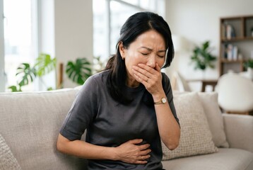 Obraz premium Mature asian woman with stomach discomfort and nausea in her living room