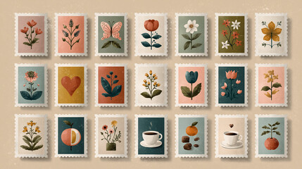Obraz premium Floral Stamps Collection: A delightful array of artistic stamps featuring delicate flowers, lush plants, and charming botanical illustrations.