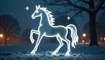 Fototapeta premium Illuminated horse in winter scenery with soft glow and snowy background