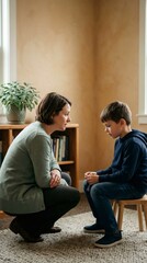 Obraz premium Compassionate female therapist talking to sad young boy for mental health support and child psychology concept