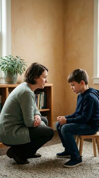 Compassionate female therapist talking to sad young boy for mental health support and child psychology concept