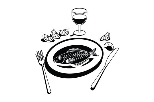 Black silhouette fish dinner plate with lemon wine glass fork knife.