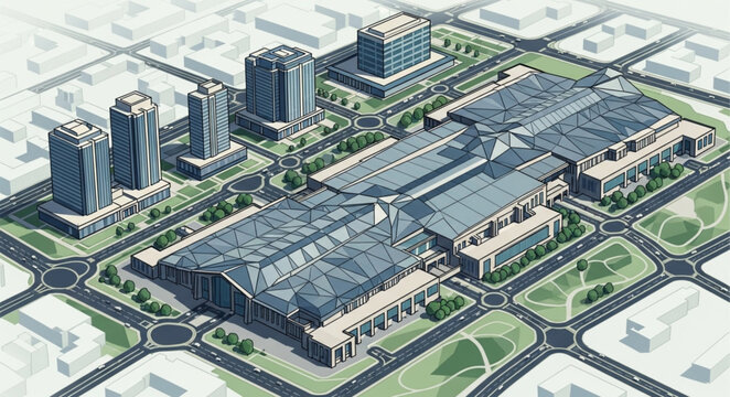 Modern Cityscape With Large Shopping Mall and Tall Office Buildings.