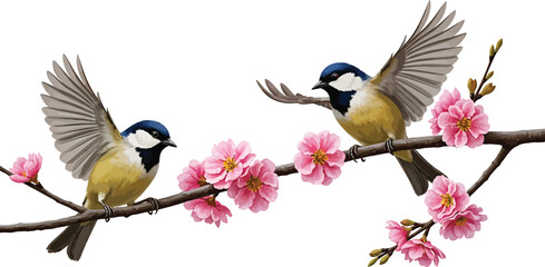 Blue Tits on Cherry Blossom Branch © Azan