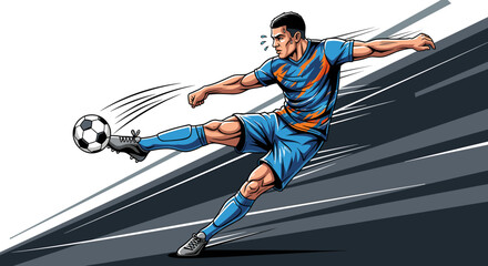 Fototapeta premium Dynamic illustration of a male soccer player in a blue and orange uniform powerfully kicking a football with motion lines against an abstract background.