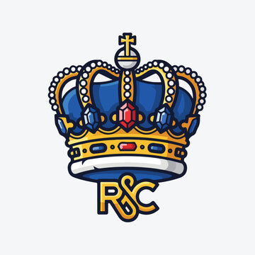 A crown with blue, gold, and white colors and R&C letters