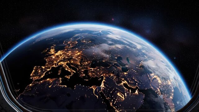 View Of Illuminated Continents On Night Earth From Spacecraft Window Amidst Starry Cosmos For Education Illustration Science Fiction Projects With Darkened Background