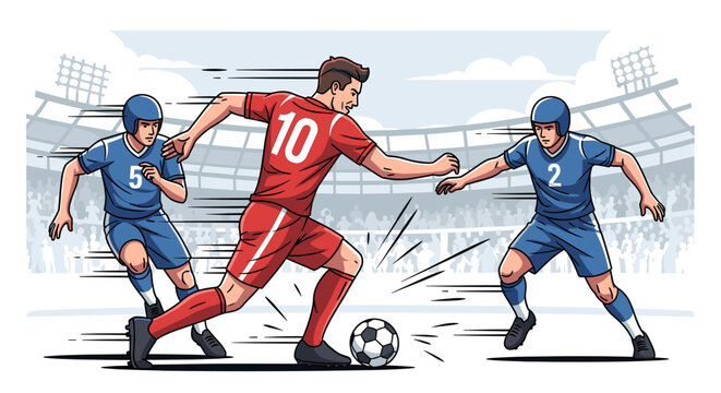 Dynamic illustration of a soccer player in a red jersey dribbling past two defenders in blue uniforms on a stadium field.