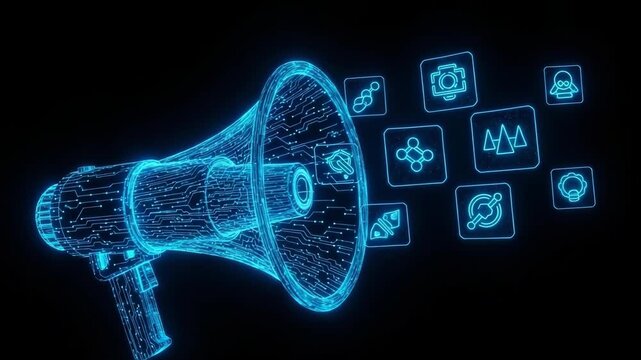 Glowing Digital Megaphone Projecting Icons Concepts On Dark Background Communication Of Ideas For Technology Presentations