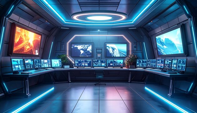 Futuristic control room with multiple screens, blue lighting, and a central desk arrangement