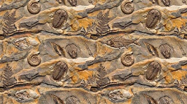 A rocky surface embedded with various prehistoric fossils including ammonites, trilobites, and ancient fish impressions.