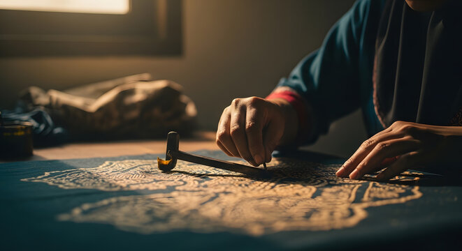 Close up of hands using a special metal tool to draw intricate designs on dark blue fabric for a wax resist dyeing process