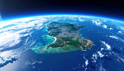 Fototapeta premium Earth view of an island with urban and rural features, surrounded by bright blue ocean, under starlit sky
