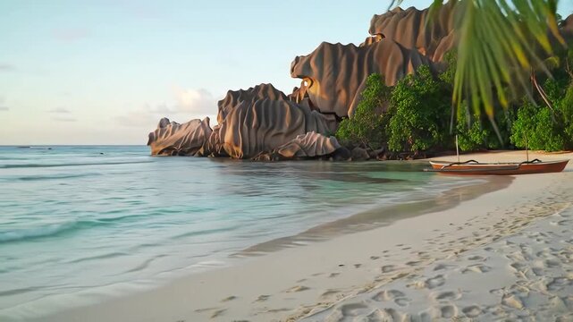Serene tropical beach paradise with calm turquoise ocean waves gently lapping on white sand and lush green palm trees framing a dramatic rocky island outcrop at sunrise.