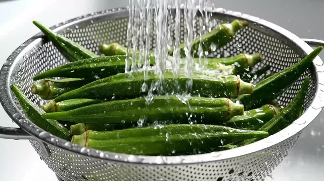 Washing Fresh Green Okra in a Metal Colander Under Running Water