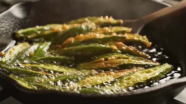 Fresh okra slices sizzling in oil in a cast iron skillet