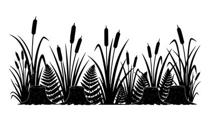 Swamp vegetation silhouette collection vector reeds cattails grass stumps nature set © abdul