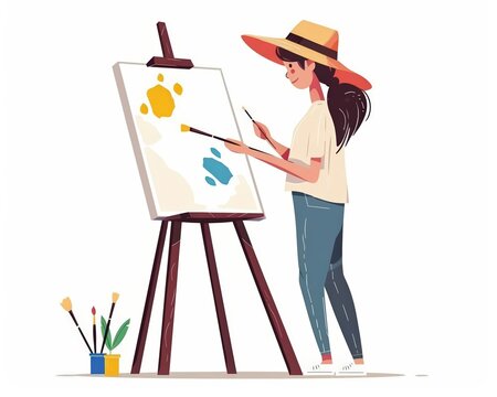 A cute cartoon Style ofA professional artist painting on a large canvas
