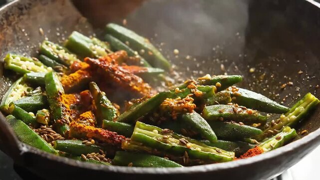 Sizzling Fresh Okra Stir Fry with Indian Spices in a Wok
