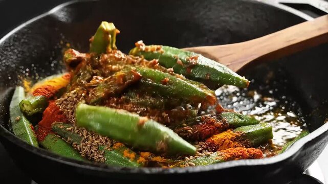 Saut&eacute;ing fresh okra with Indian spices in a cast iron skillet