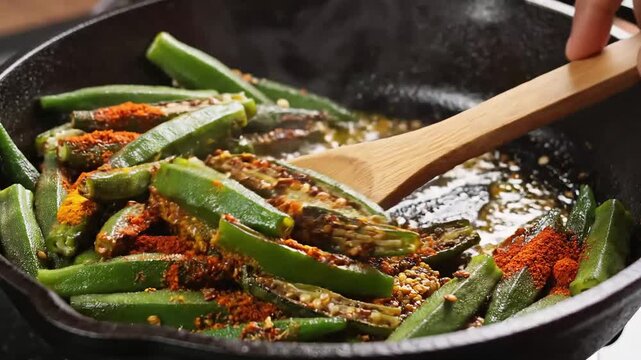 Cooking Spicy Okra Stir Fry Bhindi Masala in a Cast Iron Skillet