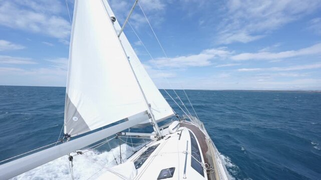 Extreme slow motion POV sailing through dynamic ocean waves in Croatia, capturing powerful splashes, intense motion and adrenaline-filled yacht action under bright summer sunlight at sea