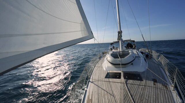 Extreme slow motion POV sailing through dynamic ocean waves in Croatia, capturing powerful splashes, intense motion and adrenaline-filled yacht action under bright summer sunlight at sea