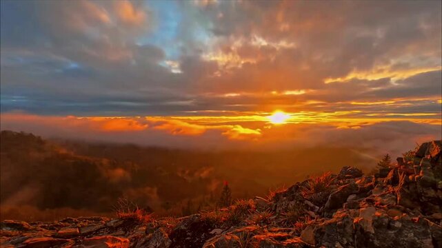 A vibrant golden sunset illuminating the rugged mountain landscape with thick rolling clouds