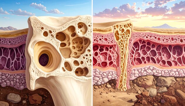 Cutaway view of bone structures, showing different formations and cellular arrangements set against a nature scene