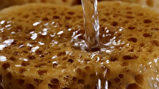 Water pouring into a natural sponge with detailed texture