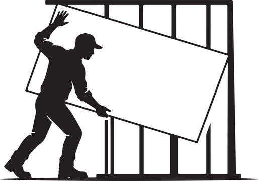 vector silhouette of a drywall installer holding a large sheet of drywall against a frame