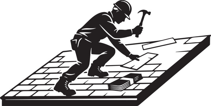 vector of a roofer hammering shingles onto a sloped roof surface, png , silhouette vector