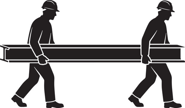 bold black and white silhouette of two workers carrying a heavy steel I beam together
