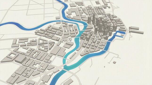 Stylized 3D Isometric Map of Chicago City with Blue River