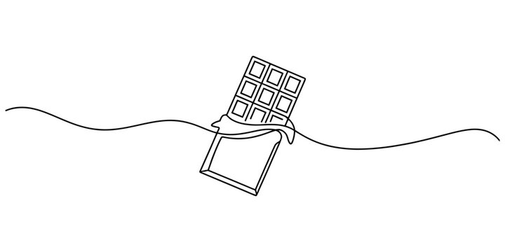 Continuous line drawing of a chocolate bar with wrapper partially open on a white background. Vector, illustration