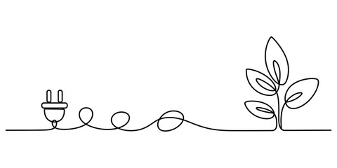 Continuous line drawing of an electrical plug connected to a growing plant for green energy Vector, illustration © D-Stocker2026