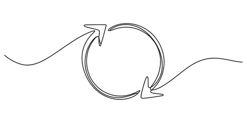 Minimalist one line drawing of a recycle symbol with two curved arrows in a circle. Vector, illustration © D-Stocker2026