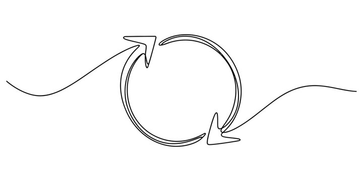 Minimalist one line drawing of a recycle symbol with two curved arrows in a circle. Vector, illustration