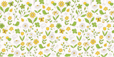 Obraz premium Springtime Nature Seamless Pattern in Minimalist Line Art Style